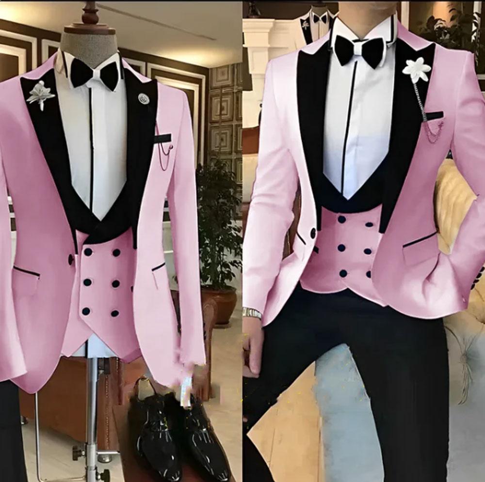 Slim Fit White Men Suits 3 Piece Groom Tuxedos for Wedding Groomsmen Italian Style Suit Jacket with Double Breasted Vest Pants