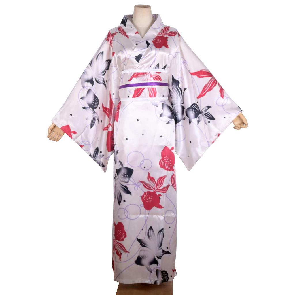 Kimono Costume with Sakura Floral Print Geisha Yukata Long Robe Fancy Dress Asian Japanese Yukata Sleepwear with Obi and Belt L15 Women's (M, - White)