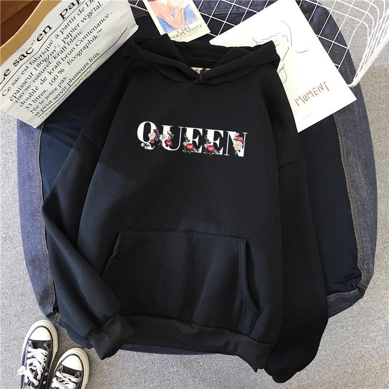 Женские худи Queen Высокое качество Цветочный принт с буквами С капюшоном Пуловер Женская городская повседневная мода Теплое худи