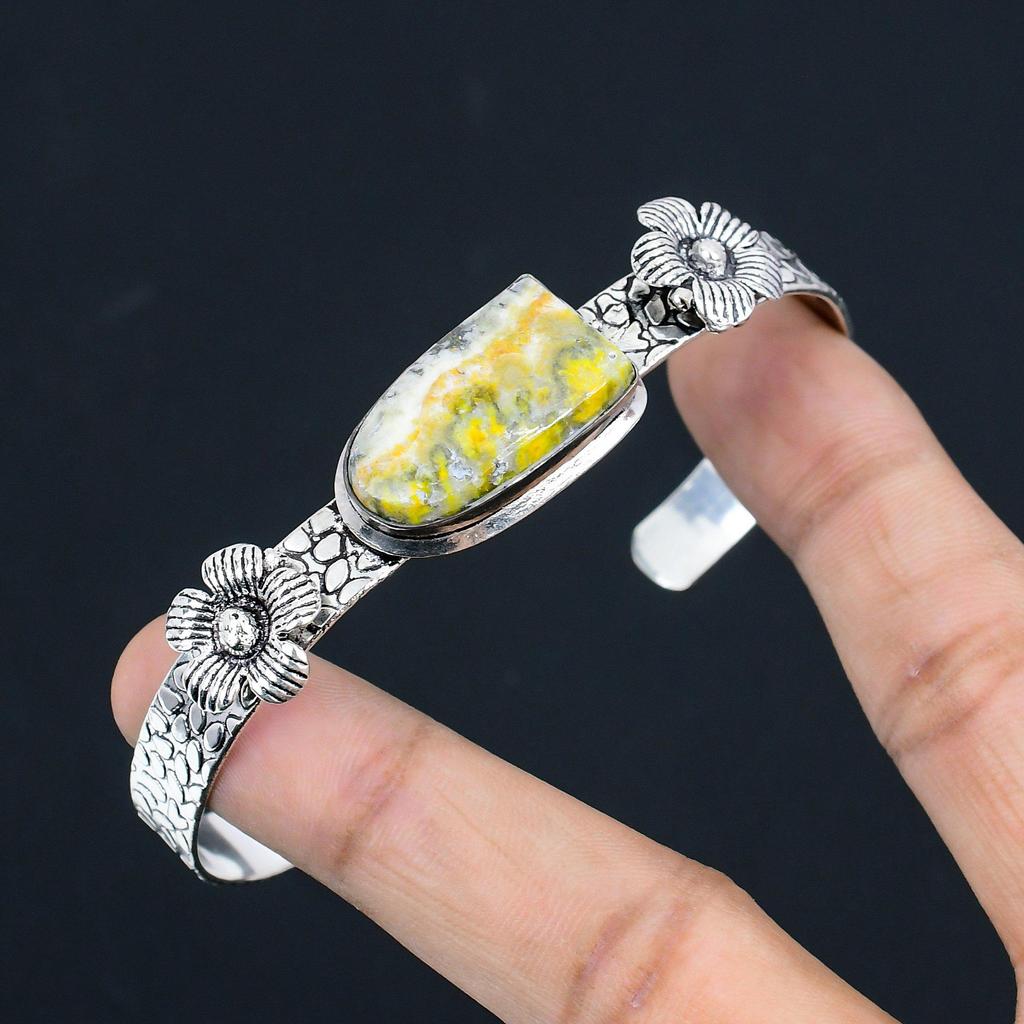 Womens day Deal Natural Bumble Bee Jasper Boho Flower Wife New Bangle 925 Silver