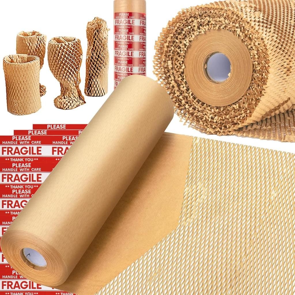 Honeycomb Packing Paper,12 inch x 200 ft Bubble Cushioning Wrap for Packing Moving,Products Gifts Wrapping Paper, with 20 Fragile Sticker Labels