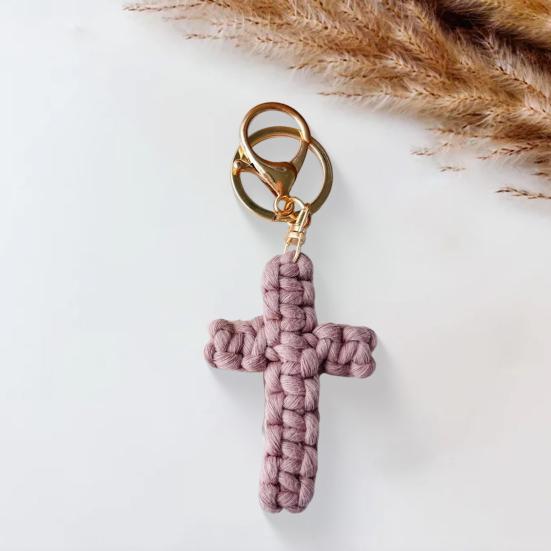 Handmade Christian Cross-shaped Keychain with Golden Ring Compact Comfortable Prayer Pendant Religious Accessory