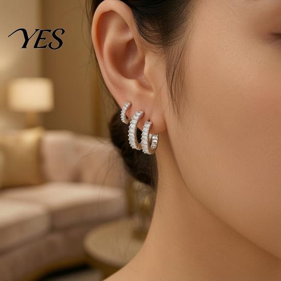 Comfortable Piercing Earrings 3Pcs Elegant Zirconia Full Stud Set, Layered Earring Stacking Set Circle Hoop Earring, Hypoallergenic Copper Jewelry