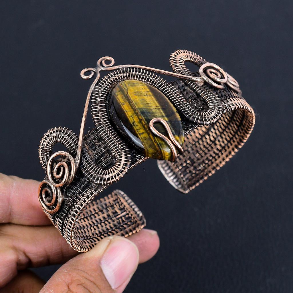 Тигровый глаз, обмотанный медной проволокой 999 пробы, серебряный браслет-манжета, регулируемый, украшения из драгоценных камней ручной работы, подарок для мамы, антикварные украшения