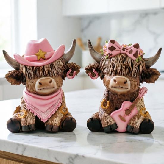 2 Pcs Cowboy Highland Cow Figurines Western Farmhouse Wooden Cow