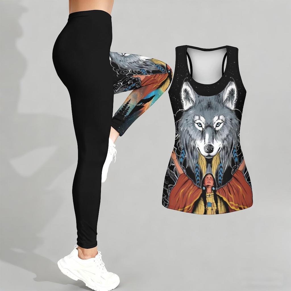 Йога-комплект с принтом «Тотем волка» для женщин Модные леггинсы для тренировок Фитнес Спортивный повседневный набор для йоги Спортивный костюм