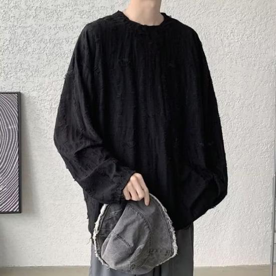 Мужская футболка с круглым вырезом, длинным рукавом, рваными отверстиями, однотонный джемпер, топы в уличном стиле, базовый слой, уличные топы