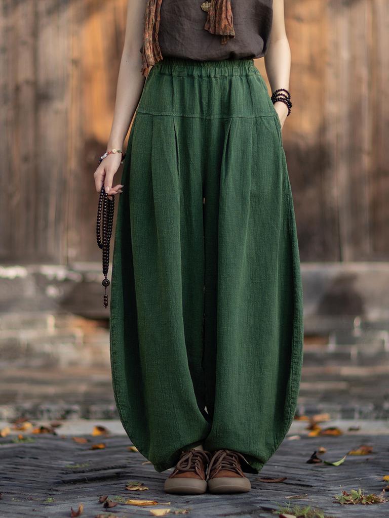 Johnature Women Vintage Bloomers Pants Solid Color Loose Trousers Autumn Pockets Patchwork Long Pants