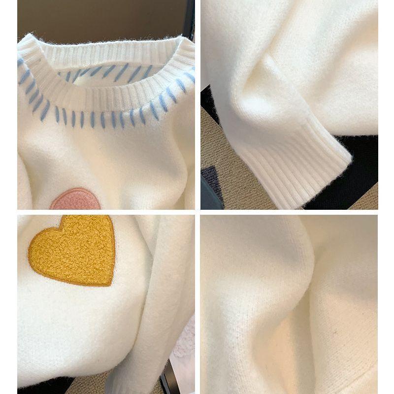 Женский однотонный свитер с узором в форме сердца, круглым вырезом, длинным рукавом, свободный пуловер, женский зимний теплый топ
