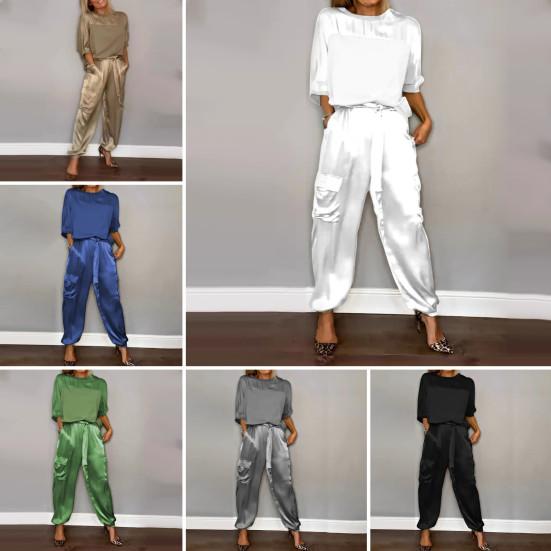 2 шт./компл., комплект женских топов, атласные рукава три четверти, круглый вырез, шнуровка на талии, сплошной цвет, мягкие дышащие повседневные карманы, свободная блузка, комплект брюк