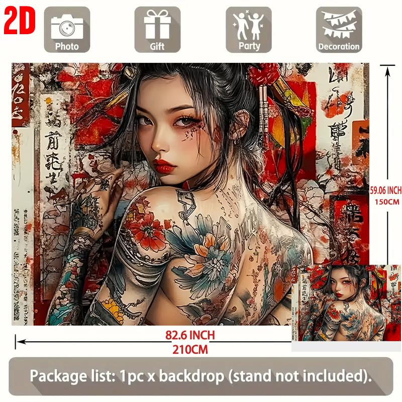 2D Flat Party Backdrop Banner - Large Japanese Geisha with Floral Tattoo & Calligraphy
