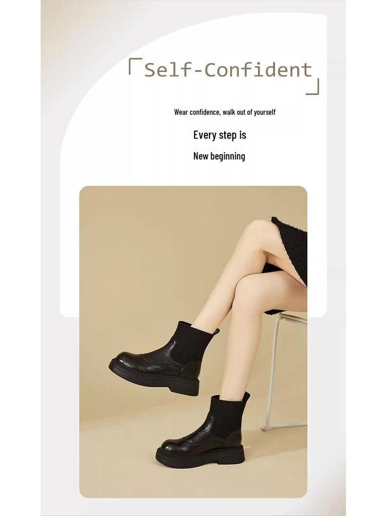 Elastic Women's Autumn/Winter Height-Increasing Sock Boots with Thick Sole & Round Toe - New 2025 Chelsea Ankle Boots, British Style.