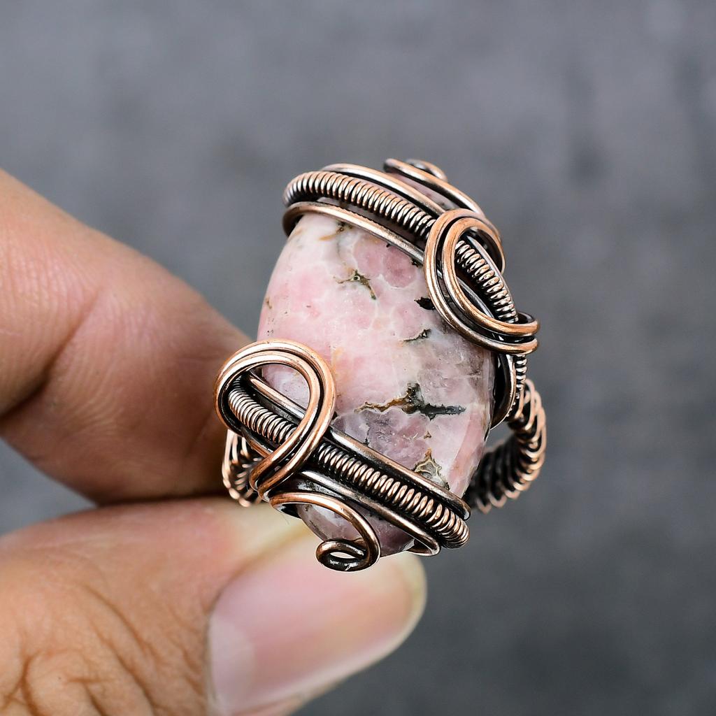 Natural Rhodochrosite Gemstone Copper Wire Wrap Gift Jewelry Ring Size 9 y1K05