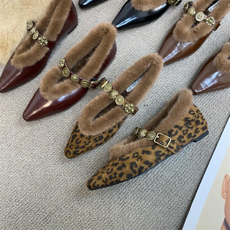 Туфли Мэри Джейн из кожи с металлической пряжкой, пушистые туфли, французские остроносые ретро-бархатные женские теплые туфли из хлопка