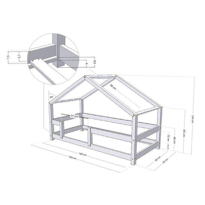 Lit cabane enfant LUCKY 90 x 180 gris