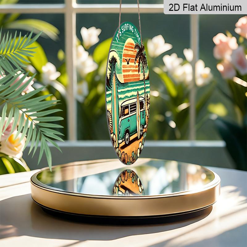 2D Flat, 1pc Round Aluminum Sign, "It's Surfing Time" Retro Beach Van Design, Vintage Surfing & Palm Tree Metal Wall Art, Ideal for Beach House