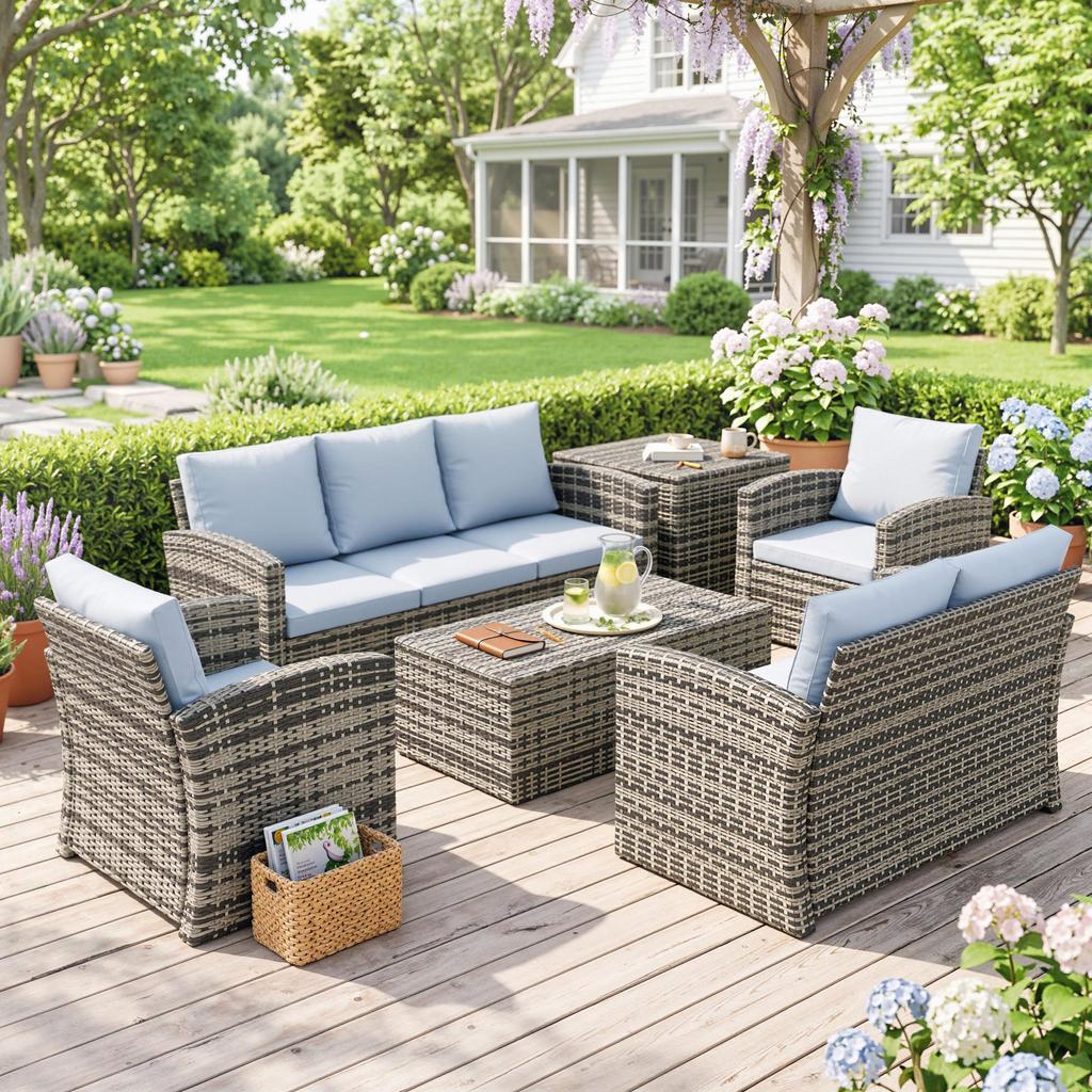 6-Piece Outdoor Set with 2 Storage Tables, 2 Sofas and 2 Armchairs, in Rattan and Steel, Grey