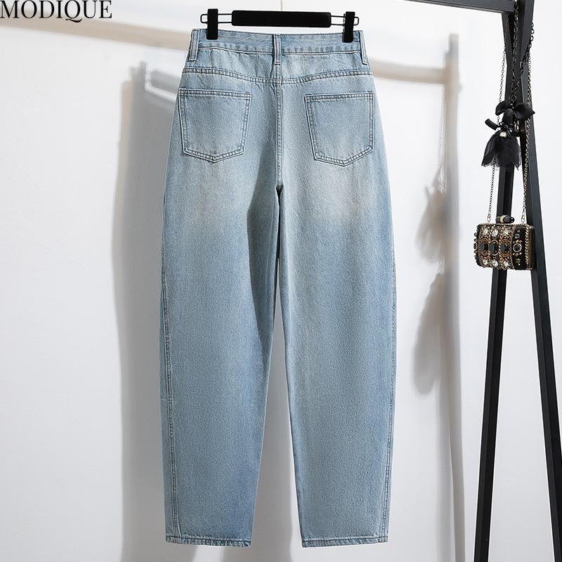 MODIQUE 2025 New Plus Size Summer Women's Loose Casual Straight Wide Leg Sickle Denim Long Pant Ladies Elastic Solid Color Blue Jeans