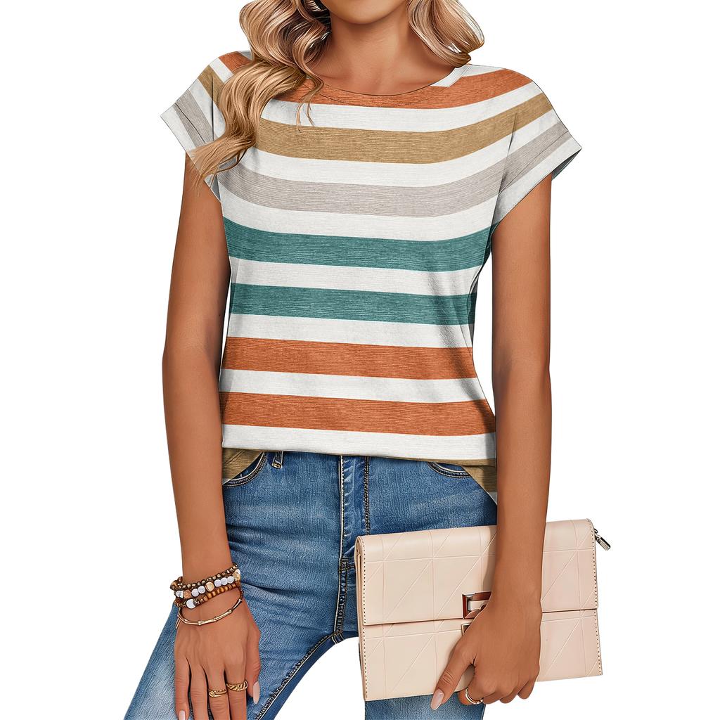 Women's Loose-Fit Fashionable Casual Vintage Print Cap-Sleeve T-Shirt Top