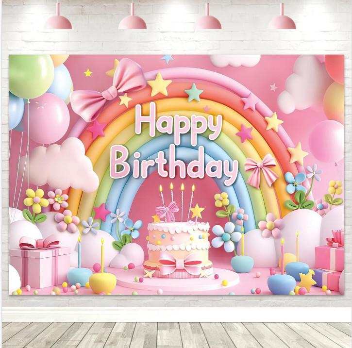 Rainbow Bow White Clouds Happy Birthday Photo Backdrop Background Banner Party