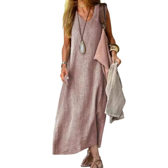 Летнее женское платье с V-образным вырезом без рукавов, свободный жилет до щиколотки, чистый цвет, пуловер трапециевидной формы, пляжное платье макси для отдыха