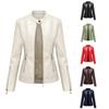 Women's Navy Blue Stand Collar PU Leather Jacket - Lightweight Spring/Autumn Fashion Coat