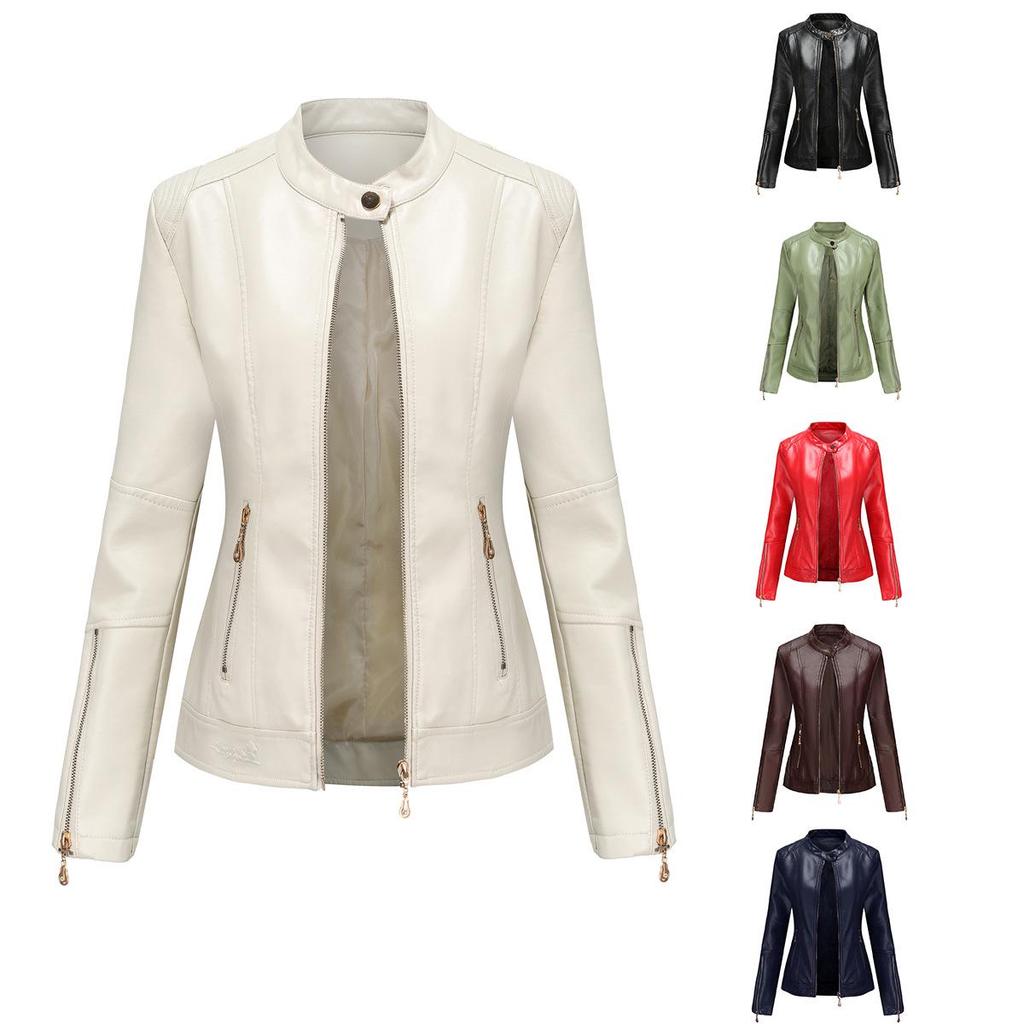 Women's Navy Blue Stand Collar PU Leather Jacket - Lightweight Spring/Autumn Fashion Coat
