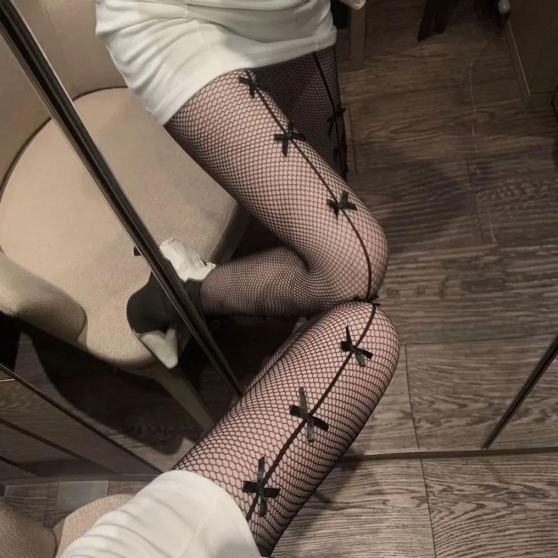 1 Pair of Black Women's Vertical Single Row Butterfly Mesh Socks, Women's Pantyhose Lolita Dark Style Mesh Socks, Bow Pantyhose