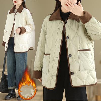 Осенне-зимняя куртка с хлопковой подкладкой, лацканы в виде ромбов, контрастные цвета, свободная и тонкая, толстая, теплая, с длинными рукавами, куртка с хлопковой подкладкой, женская одежда