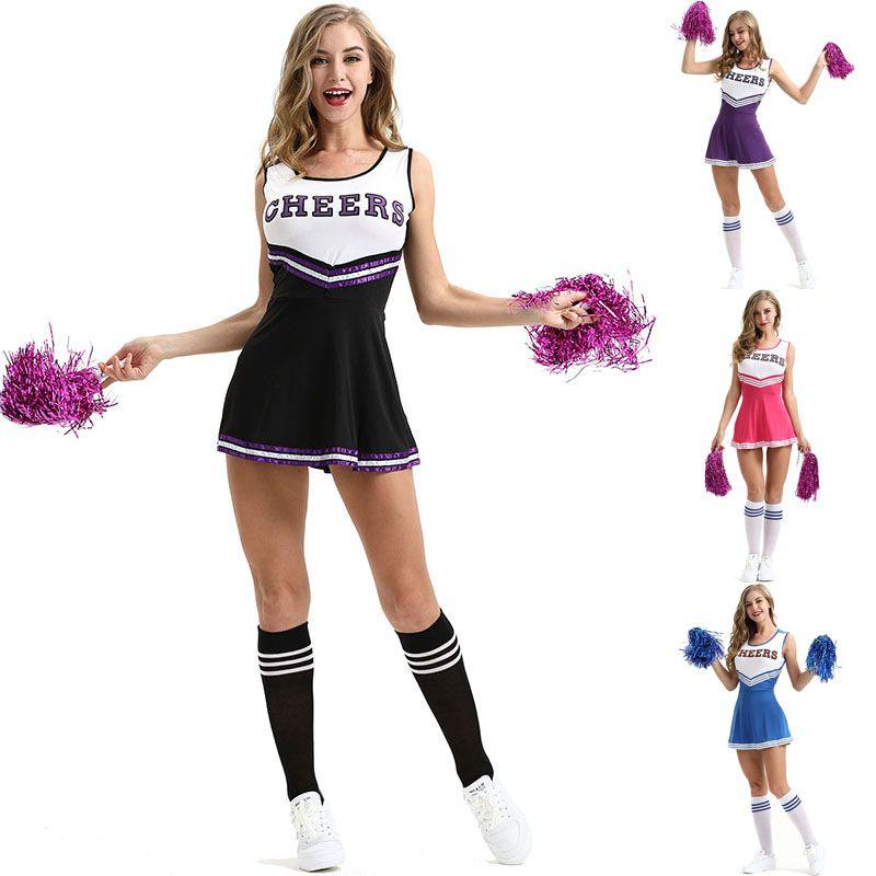 Cheerleader Fancy Dress Outfit Uniform Cosplay Costume With Pom Poms School High