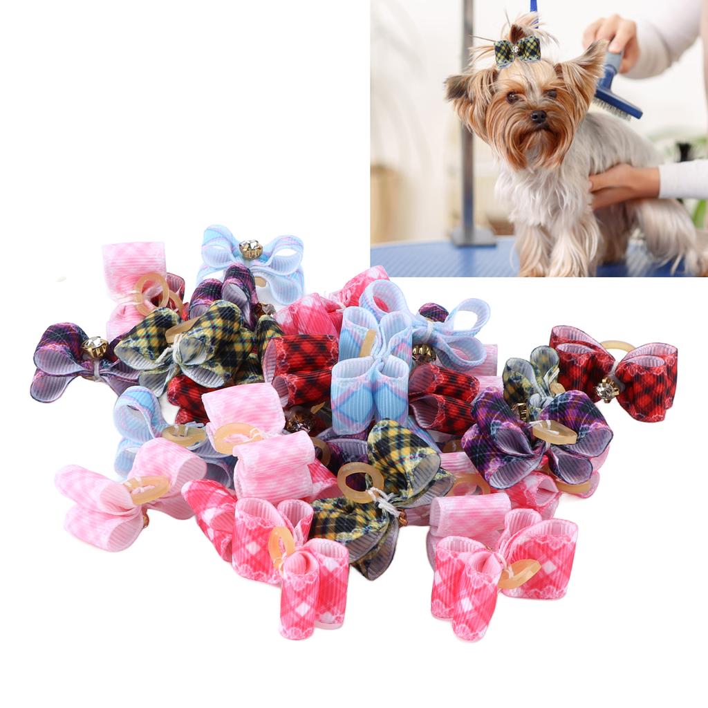 30Pcs Pet Grooming Bowknot Dog Cat Rubber Band Tiny Colorful Lattice Pet Accessory