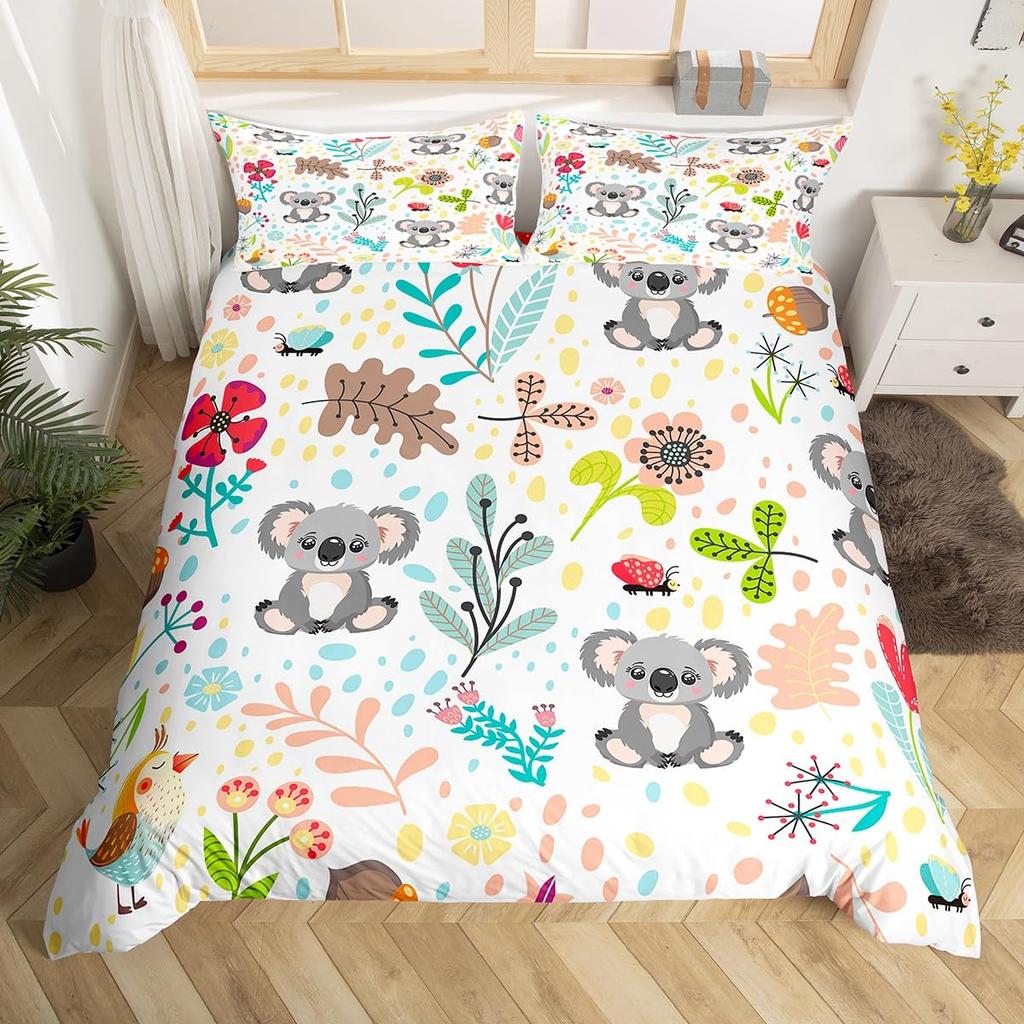 Детский комплект постельного белья с пододеяльником Koala, Цветущая ветка с медведем, Комплект постельного белья с изображением пальмовых листьев и животных, Полуторный