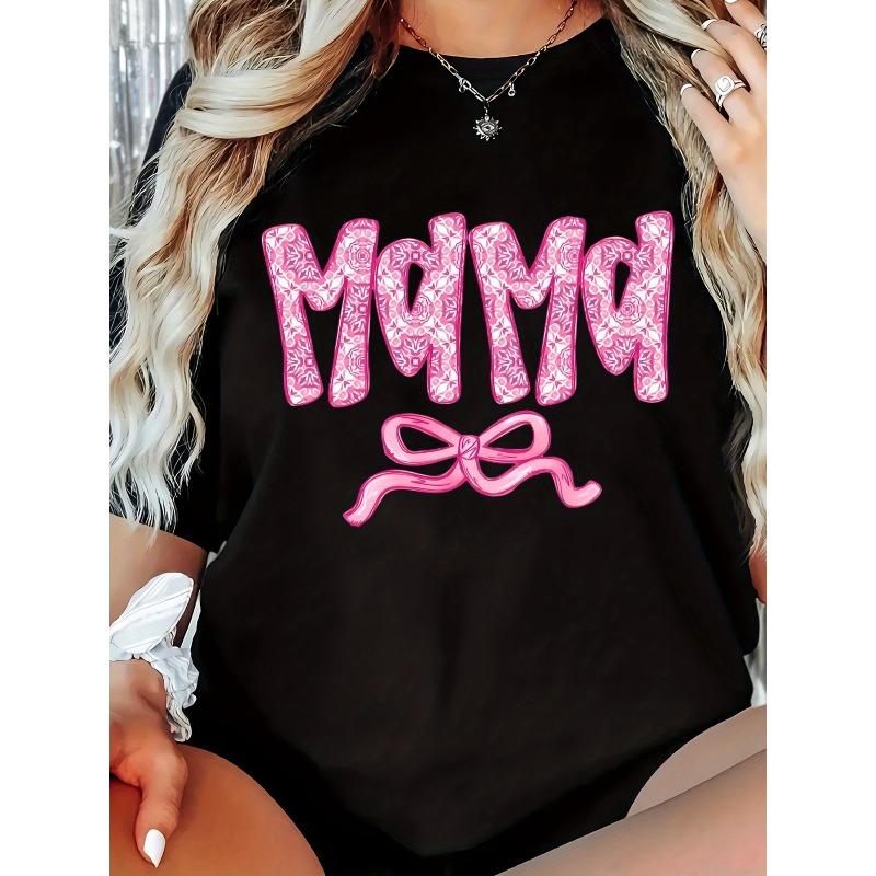 Женская повседневная футболка "Mama" европейского размера - Короткий рукав, Круглый вырез, Черная с розовым леопардовым принтом букв и бантом, для Весны/Лета