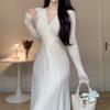 Французское однотонное элегантное длинное платье для вечеринки, женское осеннее трикотажное тонкое длинное платье с длинным рукавом, корейский шикарный дизайн, повседневная одежда, зима
