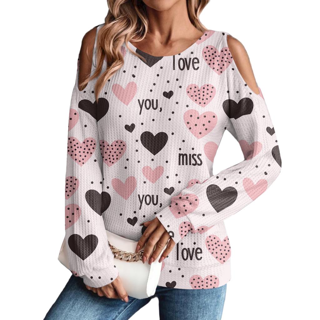 Women's Winter Oversized T-Shirt Fashionable Off-the-Shoulder Round Neck Vintage Floral Print Pullover Long-Sleeved Top