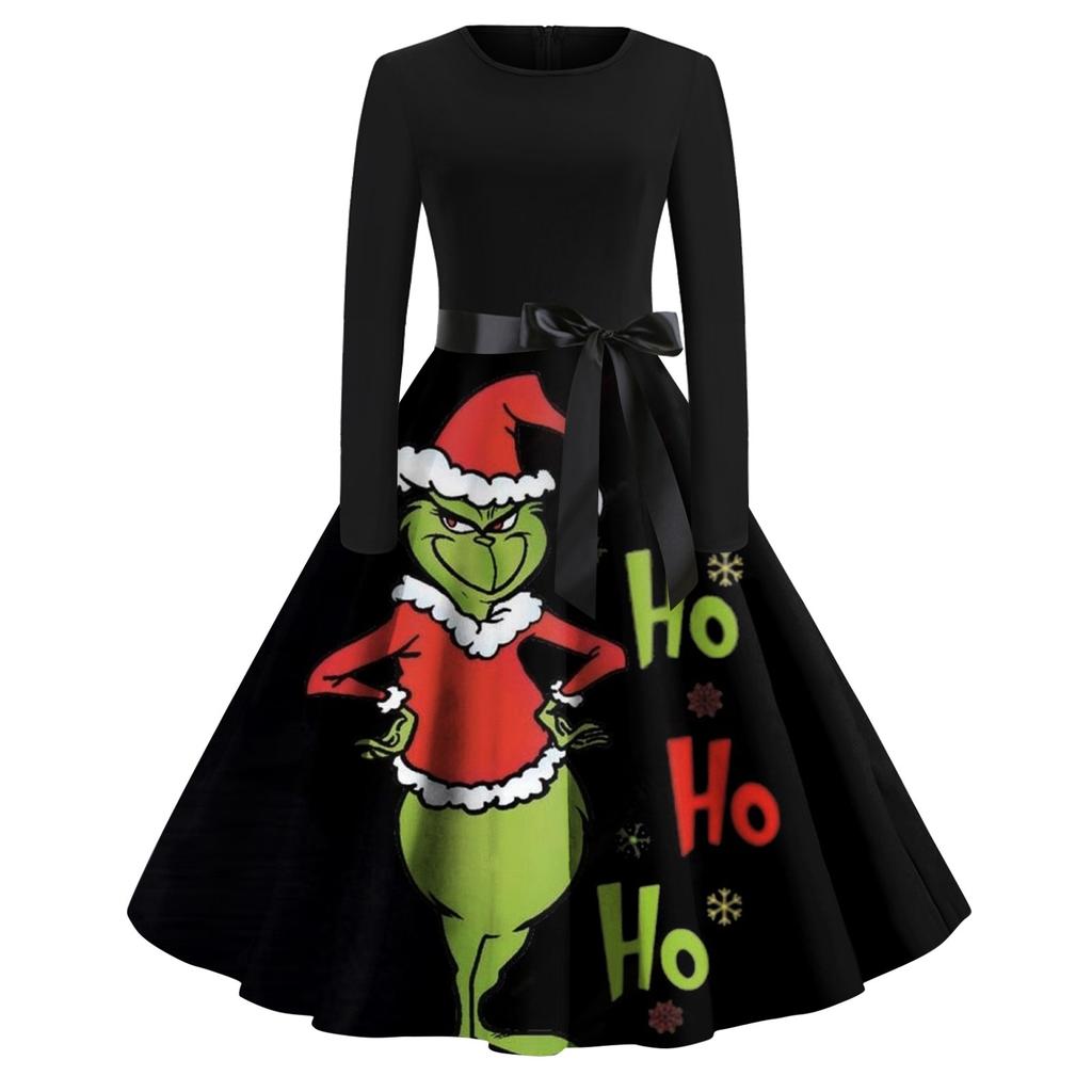 Women's Christmas Print Flare Dress For Women Long Sleeve Dress Party Casual Dresses