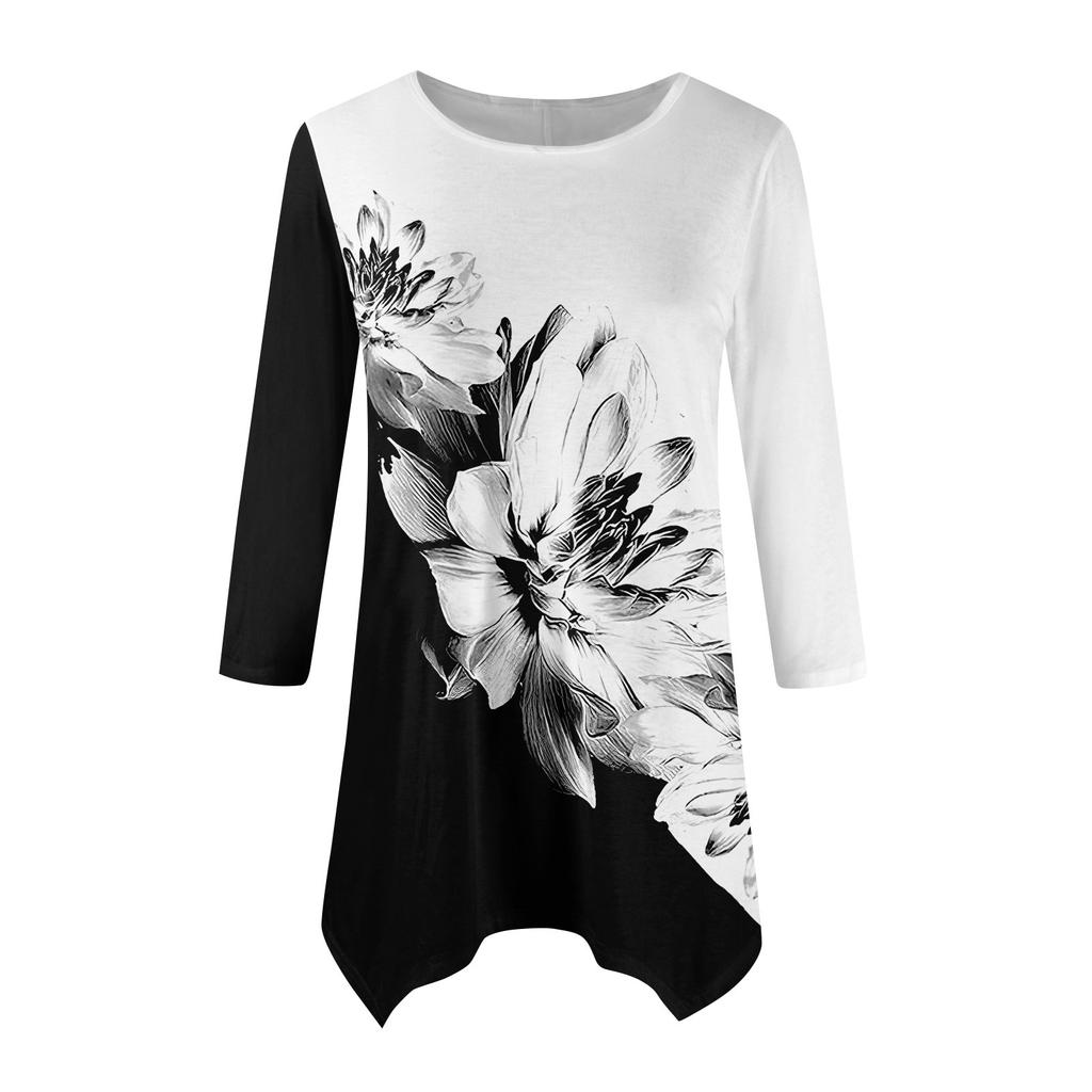 Женская модная повседневная рубашка с круглым вырезом и цветочным принтом, рукавами-семью, свободным удобным топом с поясом