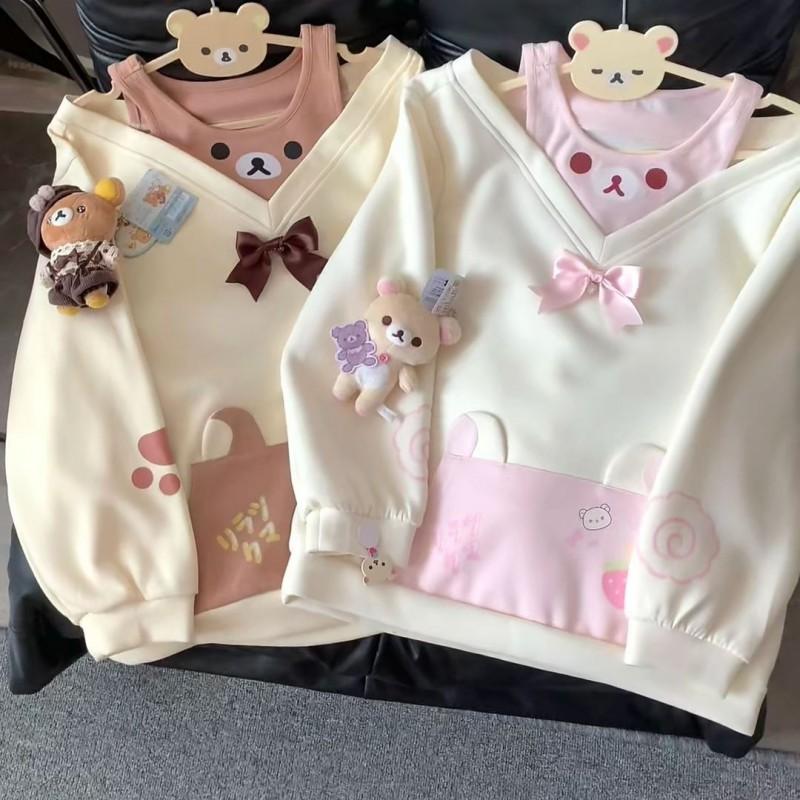 Cute Anime Bear False Two-Piece Long Sleeve Sweatshirt Off Shoulder Loose Top Women
