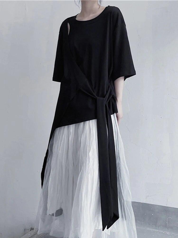 Xitao Нерегулярные длинные футболки, индивидуальный модный бандажный женский повседневный топ HQQ0926