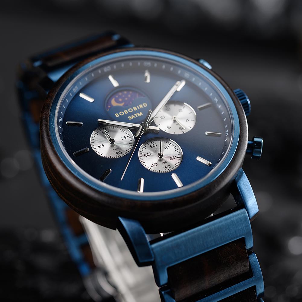 Wood Watch BOBO BIRD New Fashion Top Men Moon Phase Quartz Wristwatch Clock Engraved Watch Custom Logo Great Gift Box