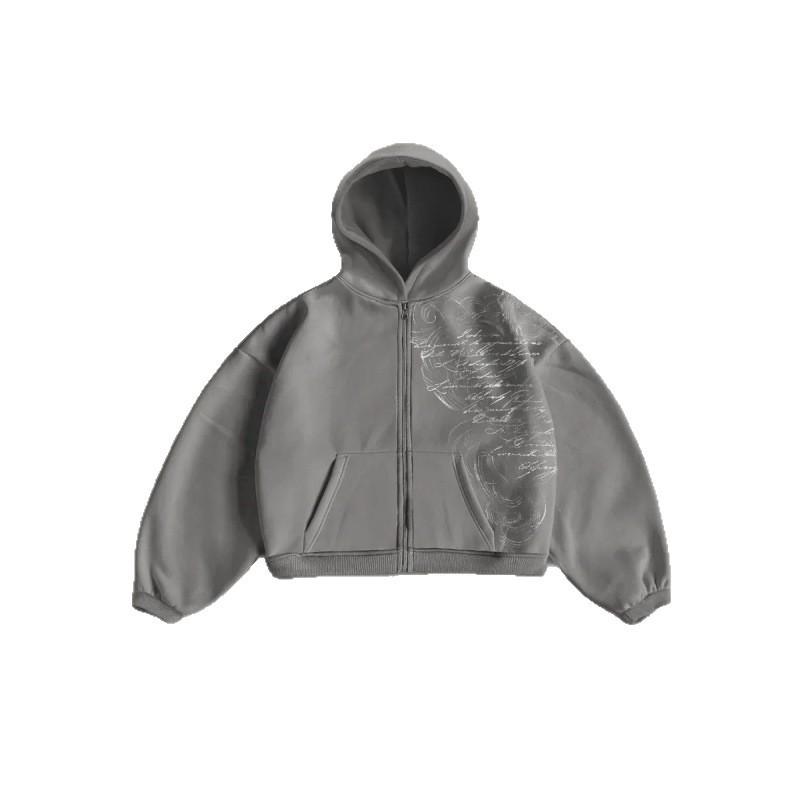 2026 Fall Winter Hooded Zip Sweatshirt Printed Loose Vintage Streetwear Women