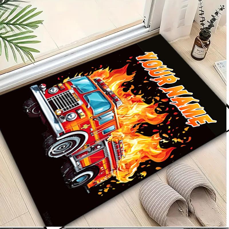 1PC Custom Name Fire Truck Flames Theme Floor Mat Ideal for Living Room, Game Rooms, Office, Bedroom, Office Floor Mat , Floor Mats for Home