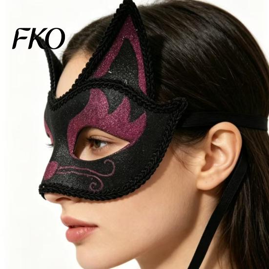 Unique Face Covering Cat Half Mask, Halloween Glitter Venetian Masquerade Exquisite Pattern Mask Rhinestone Ear for Party Costume Cosplay