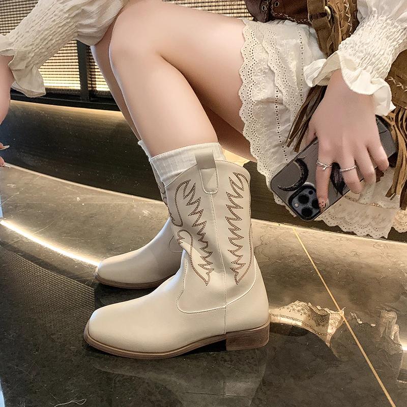 Винтажная вышивка женские ковбойские сапоги в стиле вестерн модные элегантные туфли без застежек на квадратном каблуке женские рыцарские полусапожки до середины голени
