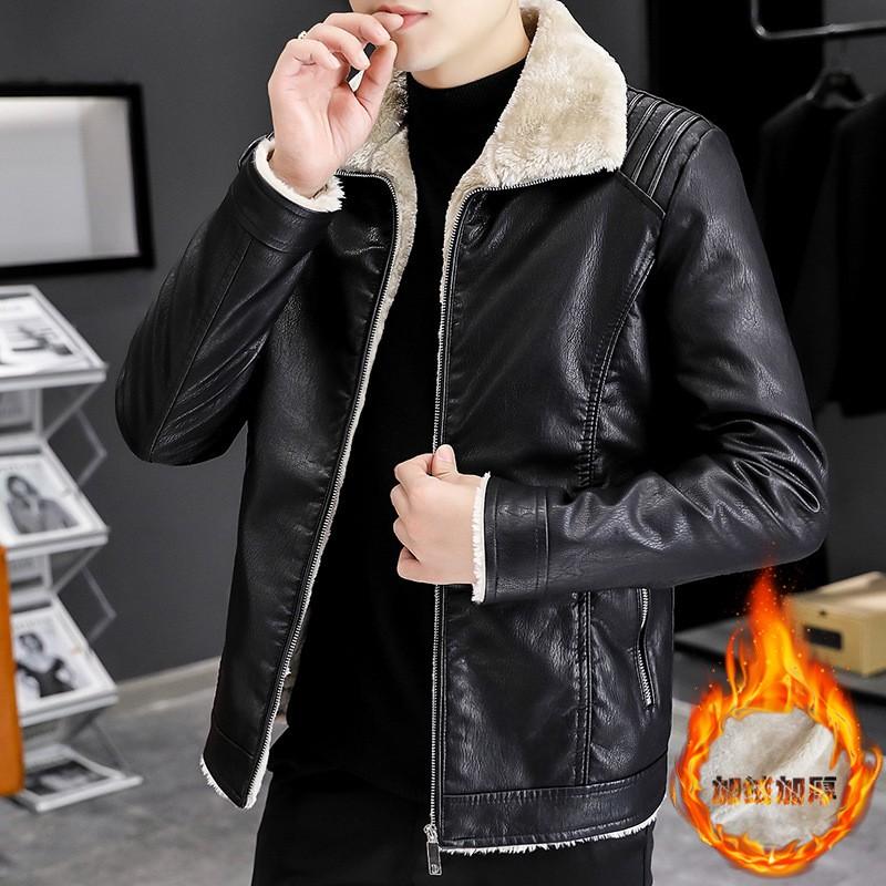 Mens Winter Thickened Fleece-Lined Leather Jacket With Turn-Down Collar Casual Oversized Fit Plus Size