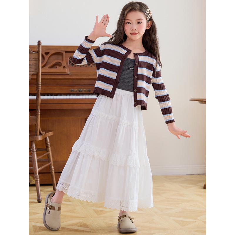 Длинная юбка-торт с кружевом для девочек с высокой талией - Белая Весна/Осень 2025