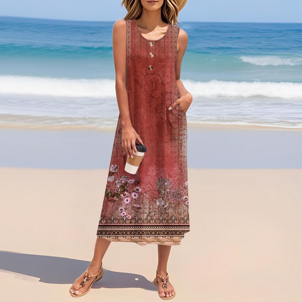 Женское летнее платье с цветочным принтом без рукавов на пуговицах, повседневный свободный длинный пляжный сарафан