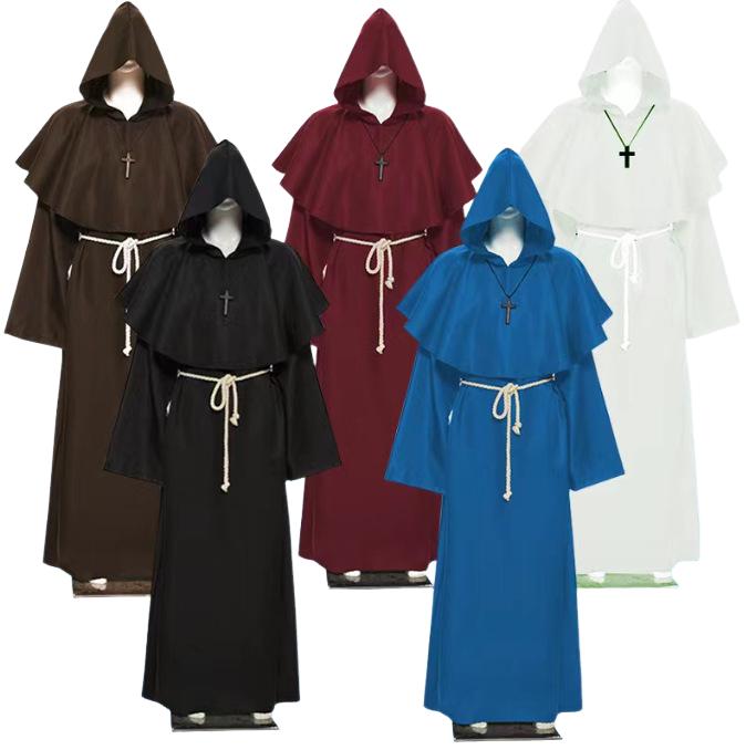 Medieval Monk Robe Renaissance Priest Halloween Cosplay Costumes Wizard Carnival Party Hooded Cloak With Cross Necklace