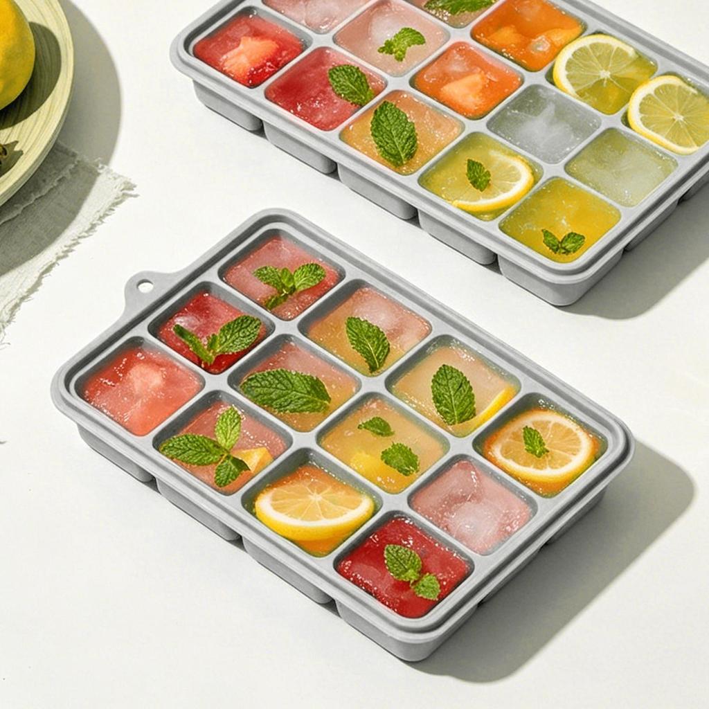 Квадратная силиконовая форма для кубиков льда, 15 ячеек, с крышкой, легкое извлечение, пищевой силикон, для морозильной камеры, подставка для кубиков льда для виски