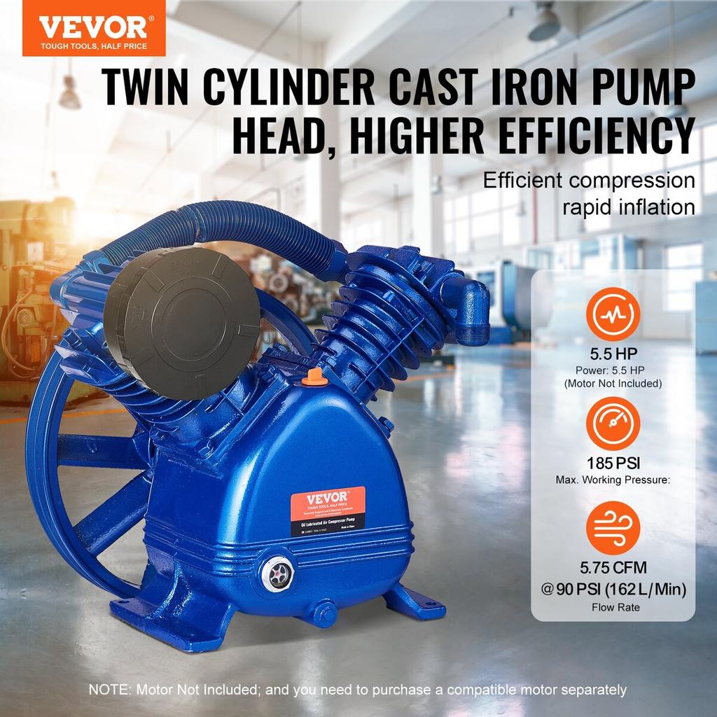 Air Compressor Pump Head 5.5HP 5.75CFM @ 90PSI 2-Cylinder Piston Pump Head